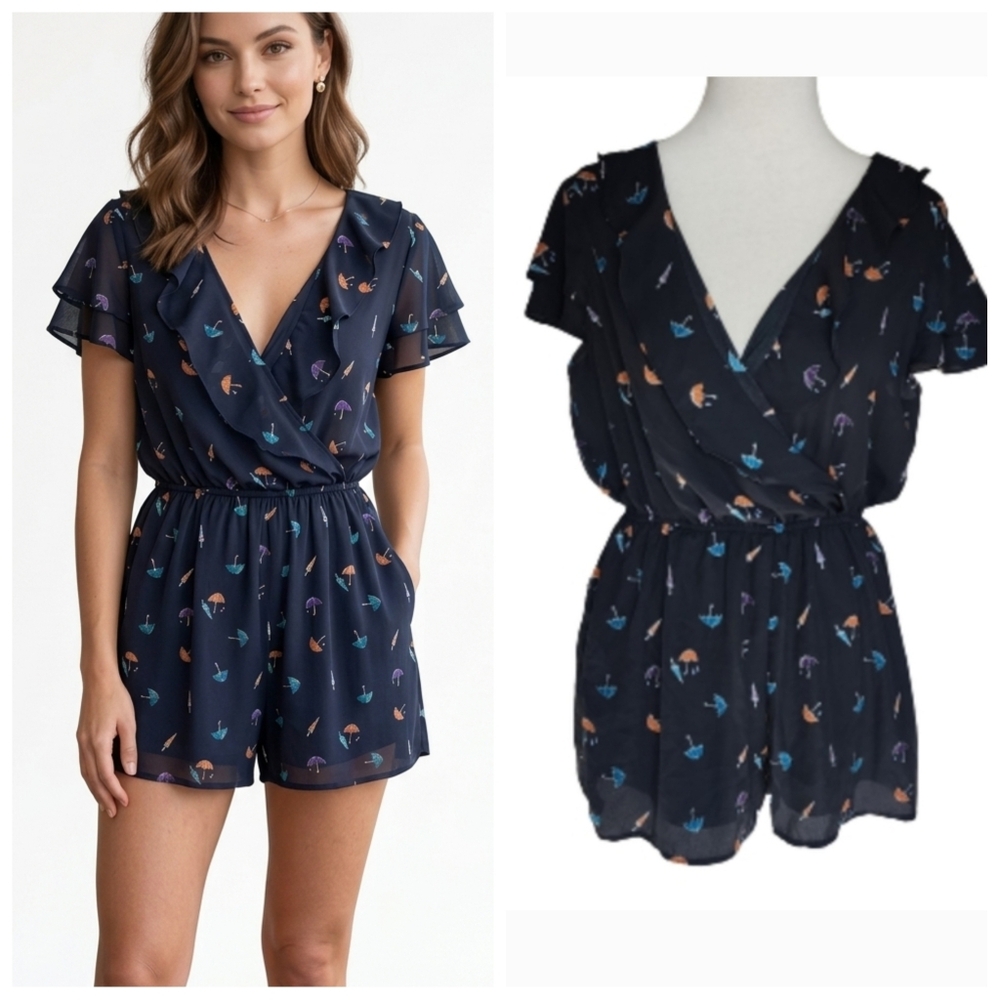 Black umbrella print shorts romper Women's size large by Blashe